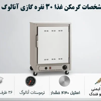 اینفو مشخصات فنی گرم کن غذا 30 نفره گازی آنالوگ