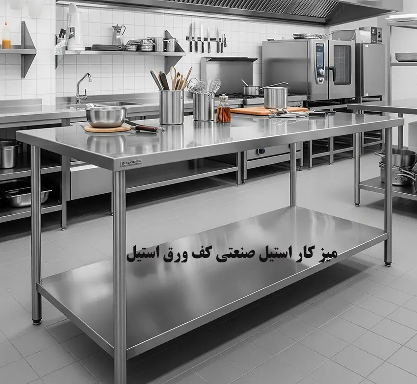 میز کار تمام استیل با طبقه در کف استیل