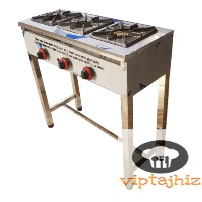 خرید اجاق گاز سه شعله استیل صنعتی پایه دار با رویه های 25 در 25